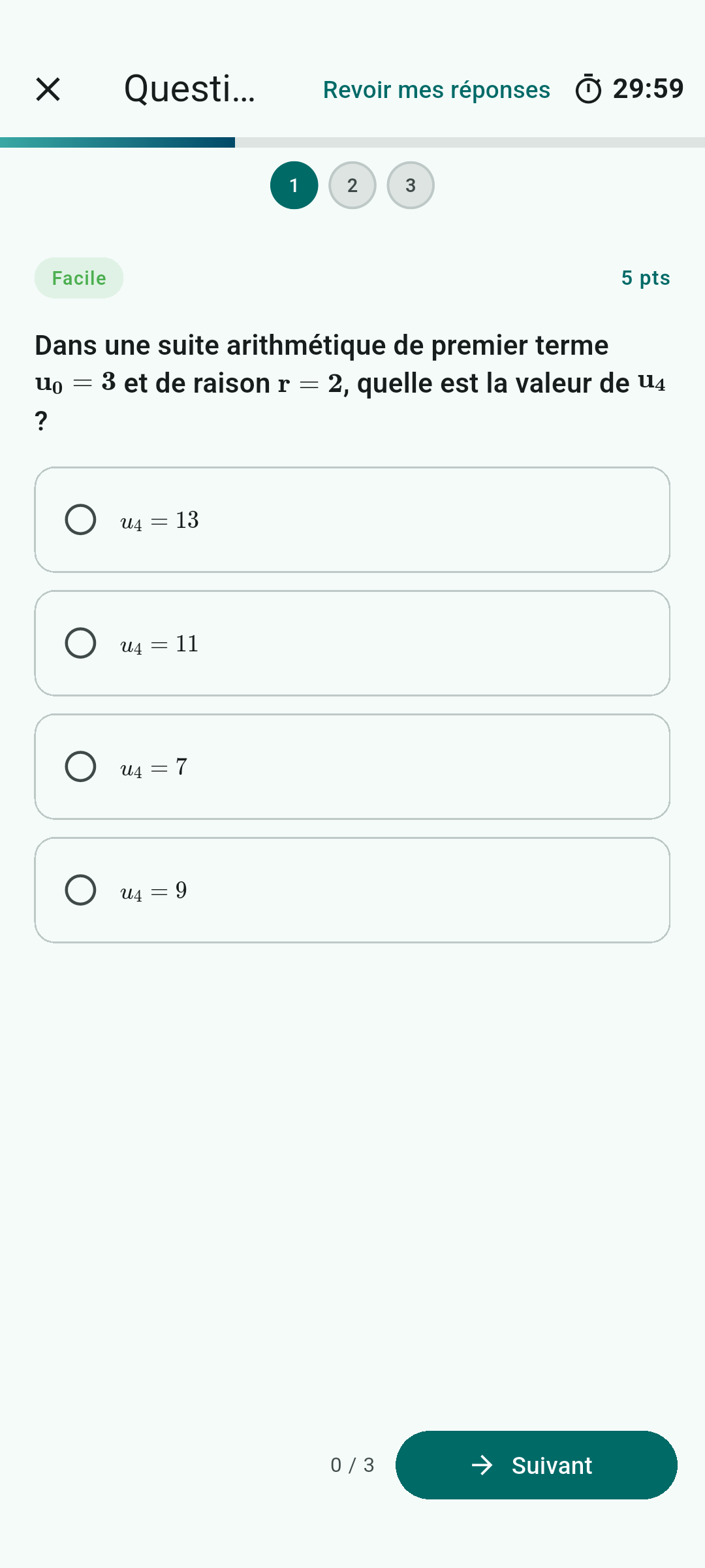 Capture d'écran de l'application Graddel montrant un quiz de mathématiques en cours, avec une question à choix multiples et un minuteur